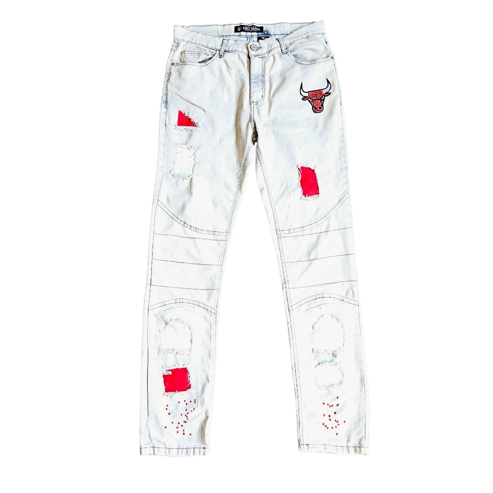 FISLL Adult Men's Size 32x32 Chicago Bulls Distressed Slim Fit Tan Denim Jeans